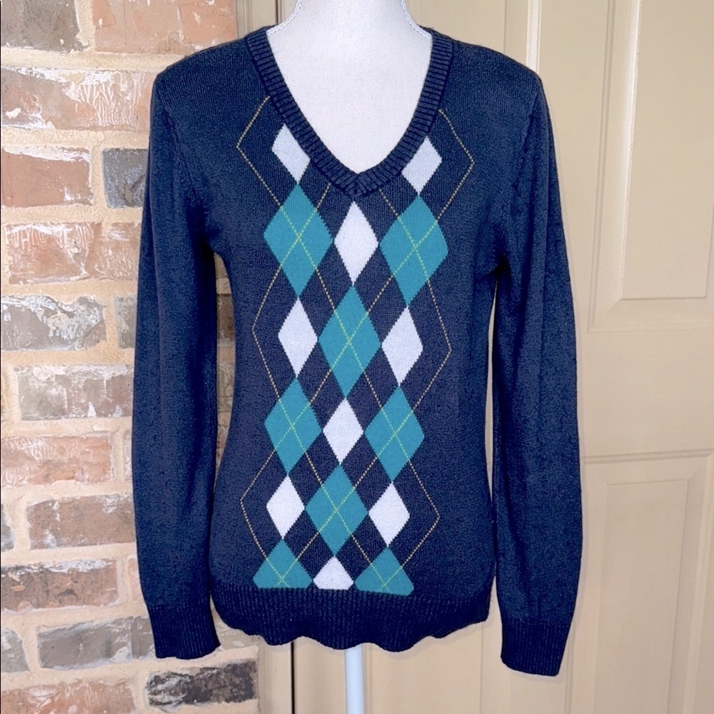Navy Preppy Argyle Sweater Cotton Wool Angora Blend Ribbed Trim Academia Chic - Picture 10 of 10